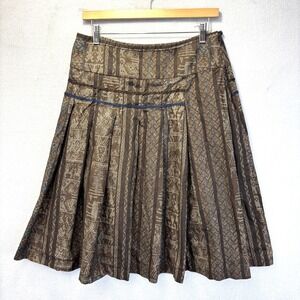 Peruvian Connection Pleated Skirt Womens 12 Brown Blue Tribal Pima Cotton Knee